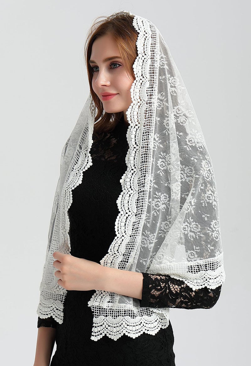 Leimandy Soft Scarf Mantilla Veil Catholic Chapel Latin Mass Church Veil Lace Head Covering for Women Religious Ceremony Daily Wear V31 (Ivory) - Image 3